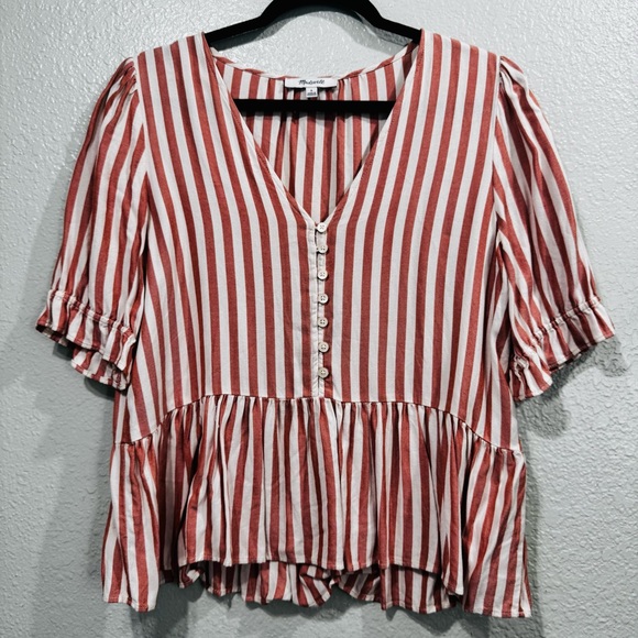 Madewell Courtyard Ruffle Women's Striped Tan Top Size Small - Picture 5 of 14